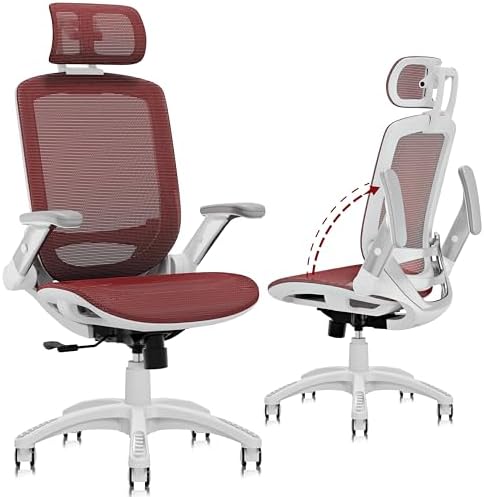 GABRYLLY Ergonomic Office Chair, High Back Home Desk Chair with 2D Flip-Up Arms, 3D Headrest, 90-120° Tilt and Wide Cushion, Big and Tall Mesh Chairs for Man Woman, Computer Task Chair Red by GABRYLLY