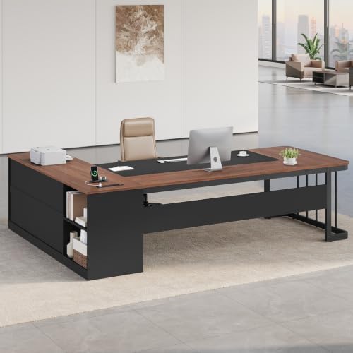 UPOSOJA 78.7" Executive Desk, Large Office Desk with Drawers & Storage Shelves, Modern L Shaped Computer Desk Corner Desk with Power Outlets, File Cabinet, Business Furniture Desk Workstation (Walnut) - Image 7