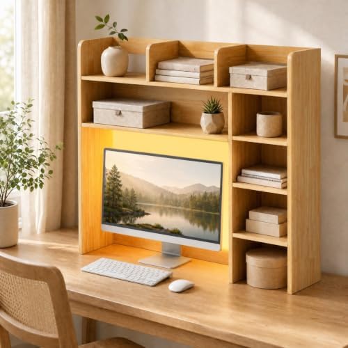 GOFLAME Desk Hutch, 8 Shelves Desktop Bookshelf, 31.5”, Burlywood by GOFLAME