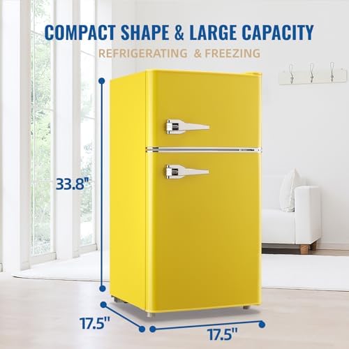 WANAI Compact Mini Refrigerator 3.5 Cu.Ft Small Refrigerator with Freezer, Retro Mini Fridge with Dual Door,7 Adjustable Thermostat, Adjustable Shelves For Dorm, Office Bedroom, Yellow - Image 5