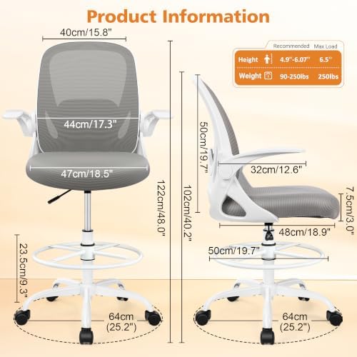 Drafting Chair Tall Office Chair with Flip-up Armrests, Adjustable Height, and Enhanced Lumbar Support - Ergonomic Rolling Stool, Back Support, and Adjustable Foot Rest Ring for Standing Desk Gray - Image 3
