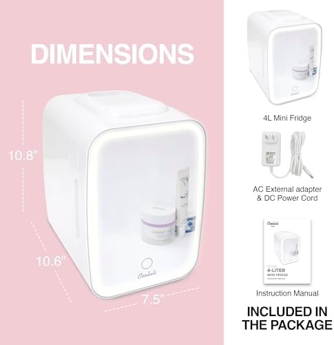 Cooluli Glow 4L Mini Skincare Fridge with Mirror & LED Light - Small Refrigerator for Skin Care, Makeup, Food & Drinks - Portable Mini Fridge for Bedroom & Office, 100-240V, White Mirror LED - Image 6