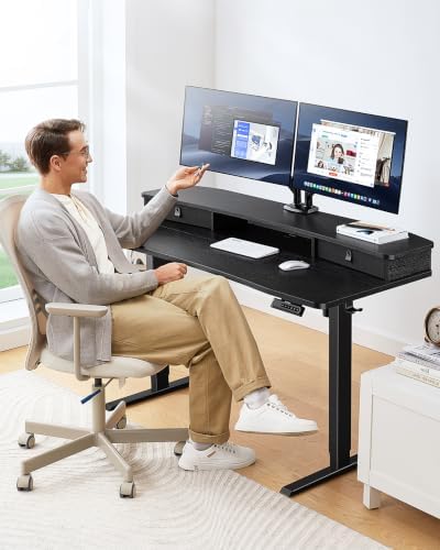 HUANUO 48″ x 28″ Electric Standing Desk with 2 Drawers, C-Clamp Mount Compatible, Height Adjustable Computer Desk, Home Office Stand Up Desk with 4 Preset Heights & 2 Hooks, Black - Image 2