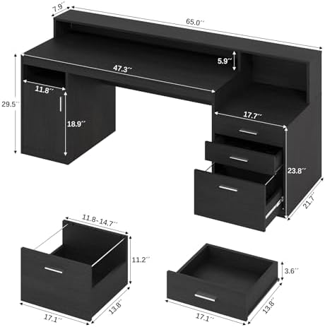 65" Black Computer Desk with 3 Drawers & Printer Shelf for Home Office - Image 2