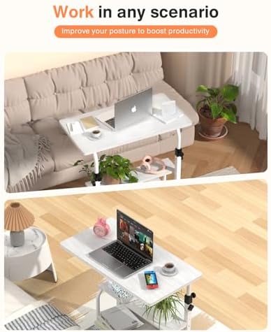 QZMDSM Portable Desk with Wheels Small Standing Desk on Wheels Adjustable Height Rolling Desks for Small Spaces, 32" Computer Desks with Storage Shelves for Home Office Study White - Image 3