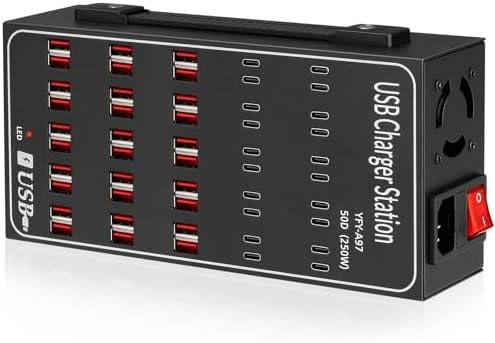 250W USB~c Charging Station, 50 Port (30 USB A & 20 USB~C Port) USB~C Charger Block, Fast Charging Station for Multiple Devices, Desktop USB Charger Compatible for iPhone, iPad, Tablets by Cinlinso
