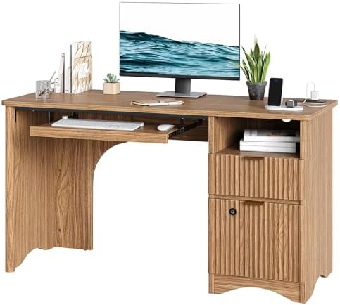 Bestier 55" Office Desk with Locking File Drawer & Charging, Brown by Bestier