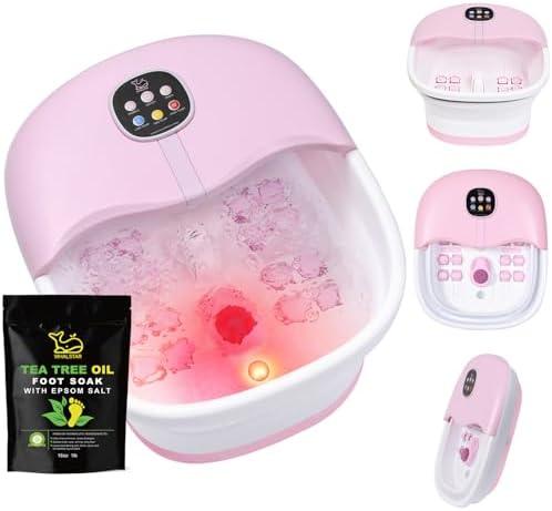Collapsible Foot Spa Bath Massager with Heat Bubbles and Vibration Massage and Jets, 16oz Tea Tree Oil Foot Soak with Epsom Salt, Foot Bath Basin with Red Light & Remote - Pink by Unknown