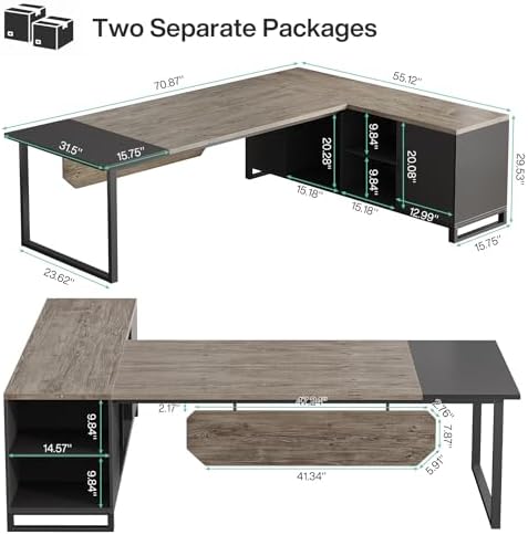 Tribesigns 70.8" Executive Desk with 55" File Cabinet, Industrial L Shaped Computer Desk with Storage Shelves and Cabinet, Large L Shaped Executive Desk for Home Office, Retro Gray & Black - Image 2