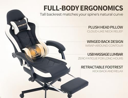 Office Desk Computer Gaming Chair for Adults, Ergonomic High Back Gamer Chair with Massage and Pocket Spring Cushion, Swivel Comfy Video Game Chairs with Footrest and Lumbar Support (Black White) - Image 5