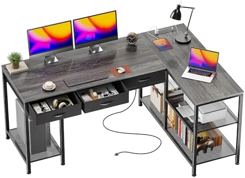 PRAISUN 55 Inch L Shaped Office Desk with Power Outlets and Type-C Port, Large Computer Gaming Desk with 3 Fabric Drawers, Mesh Shelves, Corner Study Work Writing Desk, Grey by PRAISUN