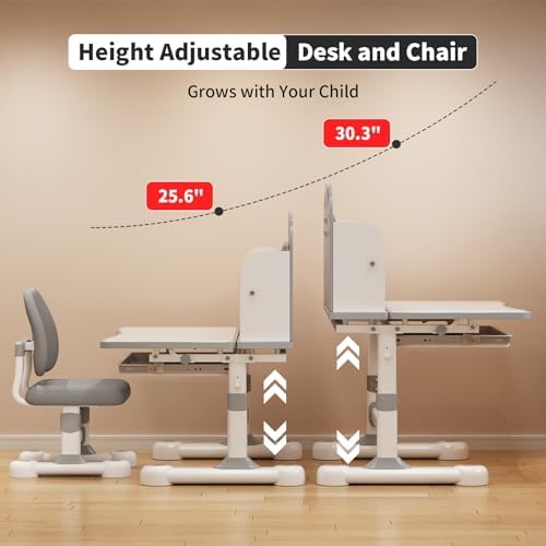 Kids Desk and Chair Set for Ages 3-12 - Tilting Study Desk (Grey) - Image 3