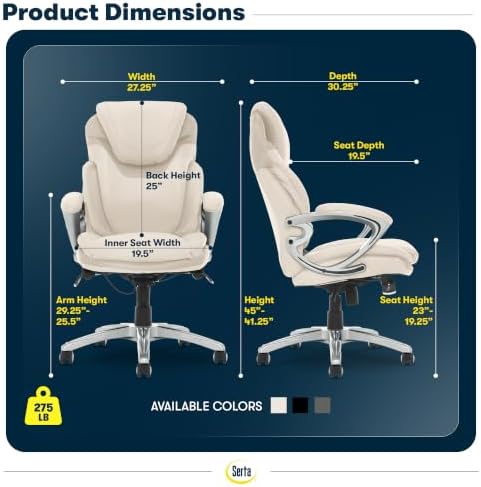 Serta Bryce Executive Office Chair - Ergonomic Computer DeskChair with Lumbar Technology - Adjustable Height - Memory Foam Body Pillows - 360° Swivel Rolling Base - Bonded Leather - Cream - Image 3