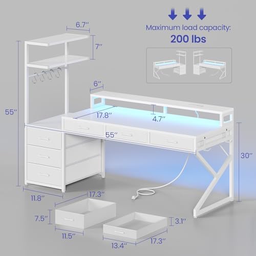 SEDETA 55" Gaming Desk with 6 Drawers and Hutch, Reversible, LED Lights - Image 2