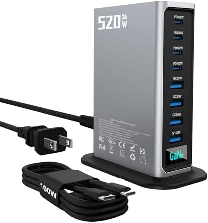 520W USB C Fast Charger Block, PD 3.1 100W 8 Port USB Charging Station, GaN Ⅲ Fast Charging Station for Multiple Devices, Laptop Wall Charger Compatible with iPhone 17/iPad/MacBook etc by Unknown