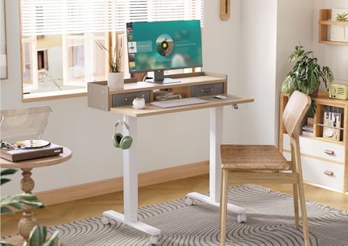 Claiks Standing Desk with Drawers, Adjustable Stand Up Electric Small Standing Desk Adjustable Height with Storage Shelf and Splice Board, 40 Inch, Natural - Image 2