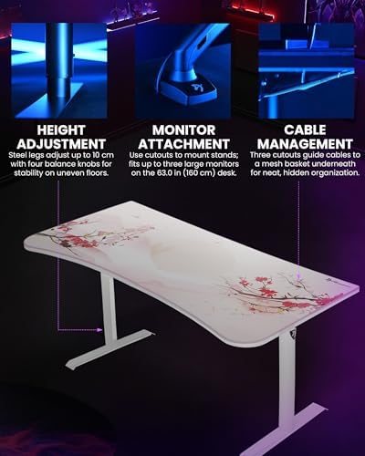 Arozzi Arena Special Edition Ultrawide Curved Gaming and Office Desk with Full Surface Water Resistant Desk Mat Custom Monitor Mount Cable Management Cut Outs - Sakura - Image 5