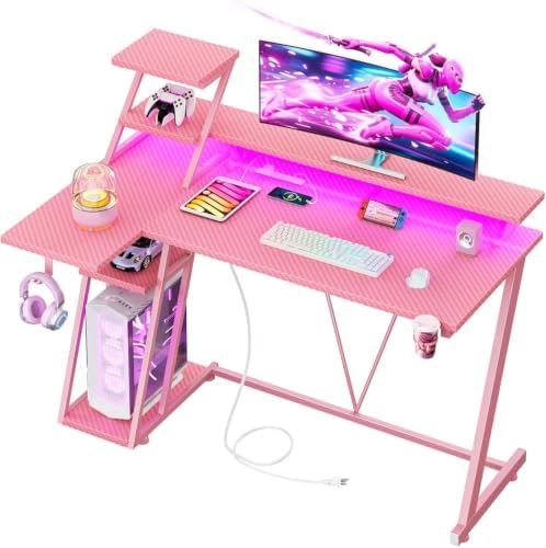 Korfile 47 Inch Pink Gaming Desk with LED Lights & Power Outlet, Gaming Computer Desk with Storage Shelves, L Shaped Gamer Workstations with Monitor Stand for Bedroom by Korfile