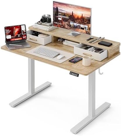 Grandder Electric Standing Desk with Two Drawers, Sit to Stand Up Height Adjustable Desk with Storage Shelf for Home Office, 47 * 24 Inch, Study, Ergonomic Adjustable Computer Desk, Oak by Grandder