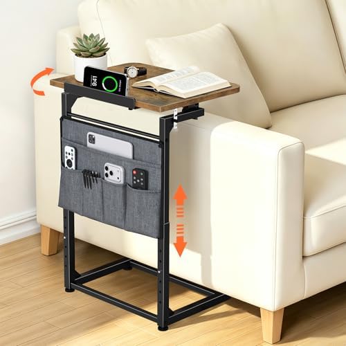 Small C Shaped End Table Slide Under Sofa, Adjustable Height Side Table with Tilting Desktop, TV Tray Night stand with Detachable Storage Bag, Couch Table for Living Room Bedroom Narrow coffee table by Dataroad+Selead