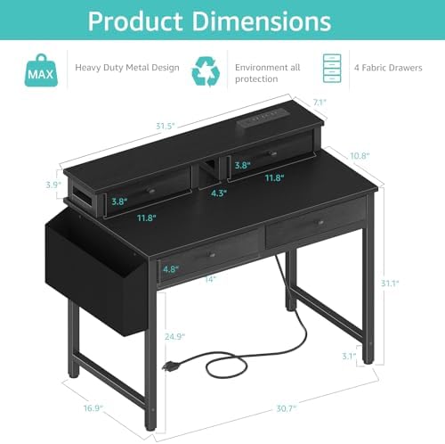 Lufeiya Small Desk with Drawers for Home Office Bedroom, 31 inch Black Writing Study Desks with Fabric Drawers Storage, Gaming Desk Table with Power Outlet & Monitor Stand, Black - Image 3