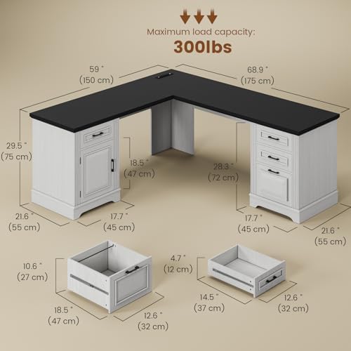 Itaar Farmhouse Executive L Shaped Desk, Home Office Desk with File Drawer and Power Outlet, Computer Corner Desk with Drawers and Storage Cabinet, Workstation for Office Home, White - Image 6