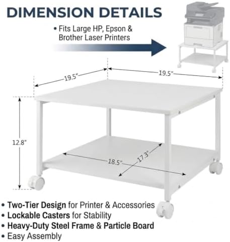 2-Tier Under Desk Printer Stand, 19.5" x 19.5" Large Rolling Printer Cart - Image 4