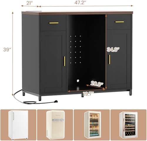 Unikito Coffee Bar Cabinet with Mini Fridge Space & Power Outlet, Black - Image 2