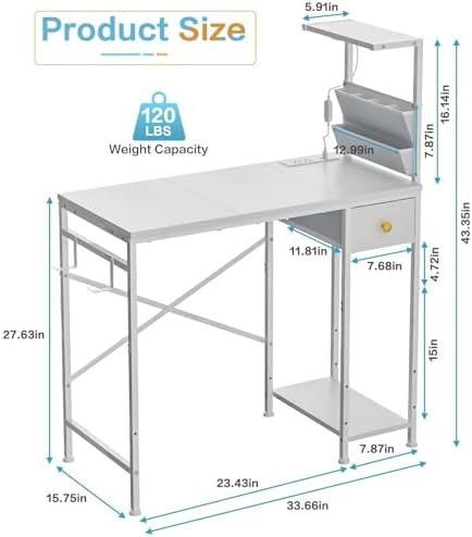 Jakyitvi 33.7" Computer Desk with Power Outlets, LED Lights & Drawer, Small Office Desk with Storage Bag & Hooks, Gaming Desk for Bedrooms or Home Office, Compact Study Desk for Small Spaces，White - Image 3
