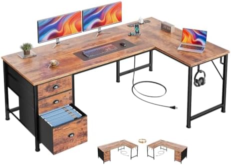 Furologee 55" L Shaped Desk with Power Outlets & USB-C Port, Reversible Corner Office Desk with File Drawers, Work Study Gaming Table for Home Office, Dorm, Rustic Brown by Furologee