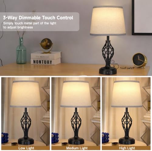 Ruiever Touch Table Lamps Set of 2, nightstand lamp with USB Ports Bedside 3 Way Touch dimmer Desk lamp for Living Room Bedroom,Black Painted Spiral cage Base Design Warm White dimmer Bulbs Included. - Image 5