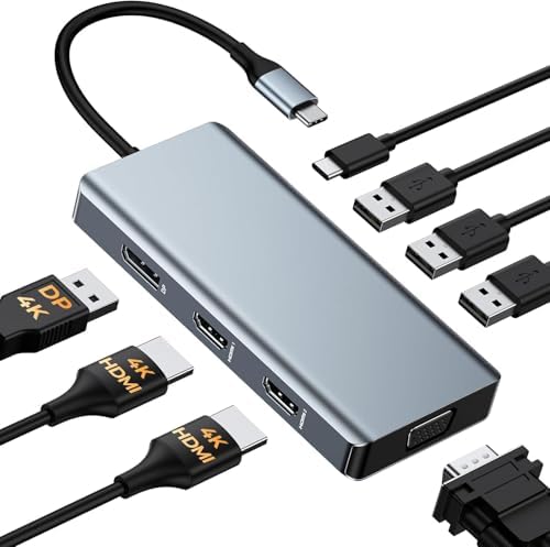 USB C Docking Station Dual Monitor Adapter, 8 in 1 Laptop Docking Station 3 Monitors Quadruple Display USB C Hub Dongle to 4K HDMI+DP+VGA by GIISSMO