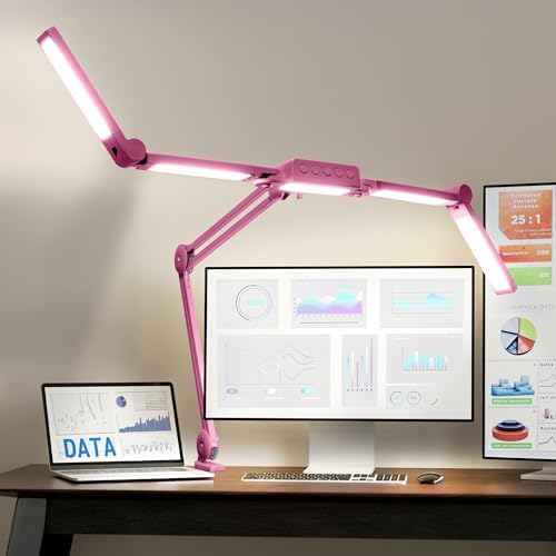 Neatfi Pro LED Desk Lamp | 3,000 Lumens | Dimmable | 360 SMD LEDs, 30W, CRI 95 | Adjustable Light Modes | Task Lamp for Home Office, Study, Workstation (Pink, 44-Inch, CCT with Clamp) by Neatfi