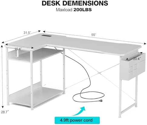 Acrolix L Shaped Gaming Desk 55 Inch - Computer Corner Desk with Power Outlets, Reversible Shelves & Storage Bag for Home Office, PC Gaming Table, White Carbon - Image 3