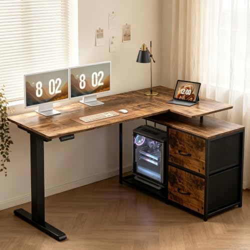 55″ Electric Standing Desk with Drawers, L-Shaped Vintage Brown Adjustable Height Corner Gaming Computer Desk for Home Office, Memory Preset, Stable Steel Frame, Power Outlet & USB-C Port - Image 2