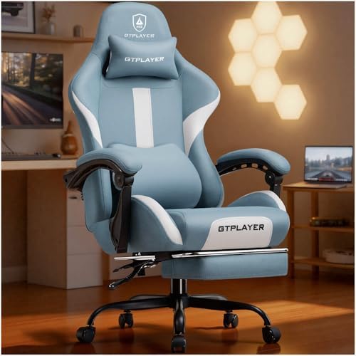 GTPLAYER Gaming Chair with Foot Rest & Pocket Spring Cushion, Ergonomic High Back Computer Desk Chair with Headrest & Lumbar Support for Back Pain Relief, Breathable Fabric, Blue by GTPLAYER
