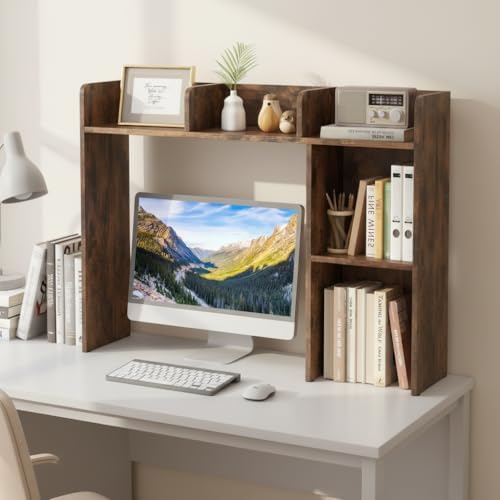 Tangkula Desktop Bookshelf, Countertop Storage Hutch with 5 Shelves for Computer Desk, 3-Tier Display Rack, Multipurpose Wood Desktop Hutch Storage Organizer for Dorm Office, Brown - Image 2
