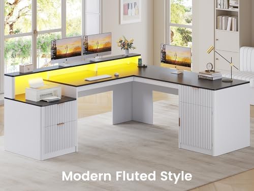 SEDETA 66" Modern L Shaped Desk with Drawers, Fluted Home Office Desk with File Cabinet and Printer Shelf, Wood Executive Desk with Monitor Stand, Led Lights, Power Outlets, White - Image 4