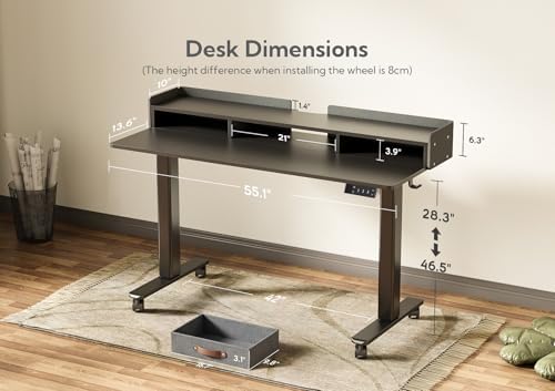 Claiks Standing Desk with Drawers & Wheels, 2 Height Shelf 55inch Black - Image 3
