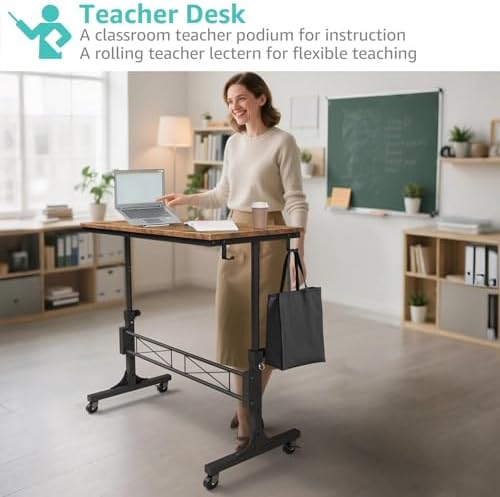 Small Portable Rolling Standing Desk - 32 Inch Adjustable Height Mobile Stand Up Desks with Wheels for Treadmill Walking Pad, Teacher Podium for Classroom, Couch Sofa Side Laptop Table, Rustic Brown - Image 4