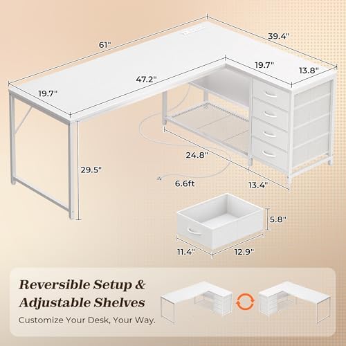 PRAISUN 61" L Shaped Desk with Power Outlets & 4 Drawers - Image 3