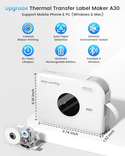 Phomemo Ribbon Printer, A30 Bluetooth Small Label Maker Machine with Tapes - Image 5