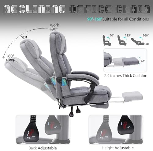 Massage Office Chair with Foot Rest 6 Points Vibration and Heat Home Office Desk Chairs for Heavy People 400lbs Reclining Managerial Chairs Ergonomic Executive Chair (Grey) - Image 4