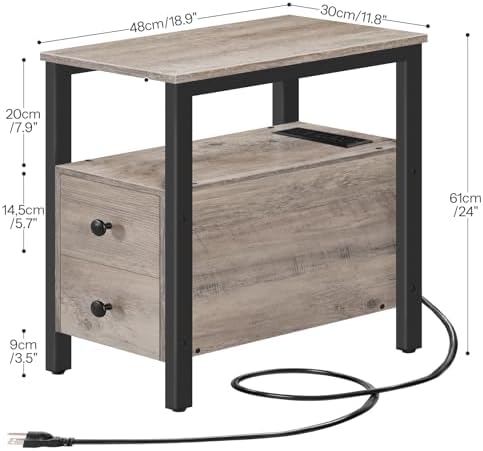 HOOBRO Set of 2 End Tables with Charging Station, Narrow Side Table with Drawers & USB Port & Power Outlets, Nightstand for Small Spaces, Living Room, Stable, Greige and Black BG541BZP201 - Image 3