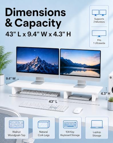 Aothia 43 in White Dual Monitor Stand, Monitor Riser for Desk, Solid Wood - Image 2