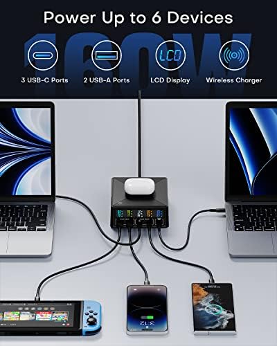 Charging Station, 160W 5-Port USB C with 65W PD, QC3.0, Wireless Charger, LCD Display for MacBook, Laptop, iPad, iPhone, Samsung - Image 3