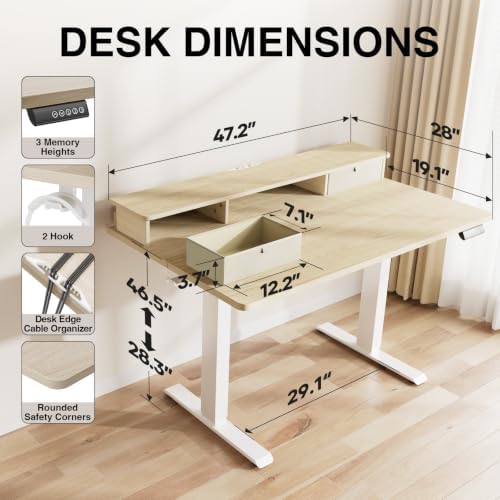 Veken 47x28 in Electric Standing Desk with Drawers, Adjustable Table, Wood - Image 3