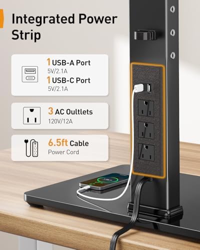 Perlegear Dual Monitor Stand with Power Strip, Freestanding Computer Monitor Stand for 2 Screens up to 32 Inch, Monitor Stand Riser with Glass Base and Adjustable Arms, Holds 22 lbs per Arm, PGTVS41B - Image 3