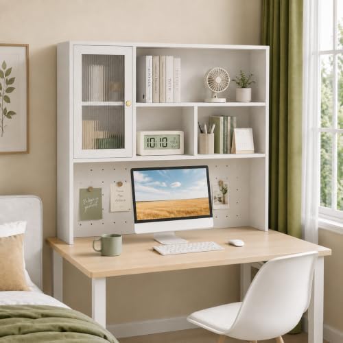 LINLIUA Desktop Bookshelf, Desk Hutch Dorm with Pegboard, Desk Shelves for Top of Desk, Wood Desktop Storage Rack with Cabinet Door, Countertop Bookcase for Office Dorm Home Study by LINLIUA