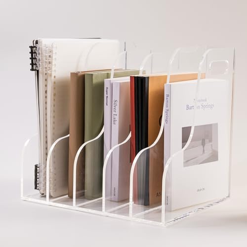 5 Vertical Compartments File Holder, Clear Acrylic Desk Organizer and Storage Bins Holding for Magazines, Binders, Notebooks, Envelopes, Multi-purpose Document Organizer for Home Office by AIMOLLYACRYLICSTORAGE